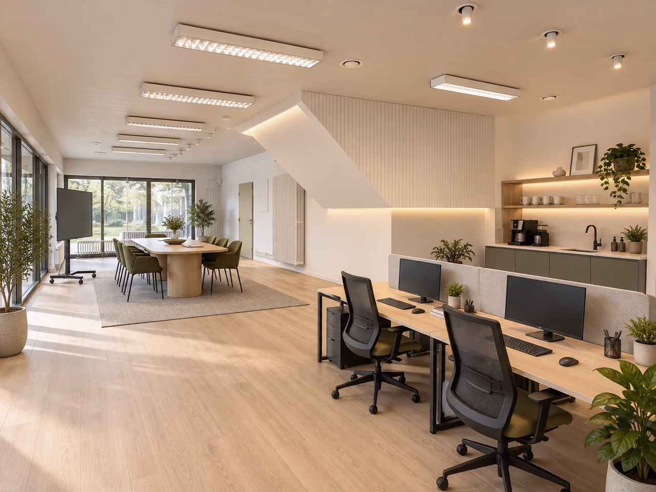 Visualisierung des Raums: zwei Arbeitsplätze mit Monitor vorn, dahinter Meetingtisch, Display und Küchenzeile