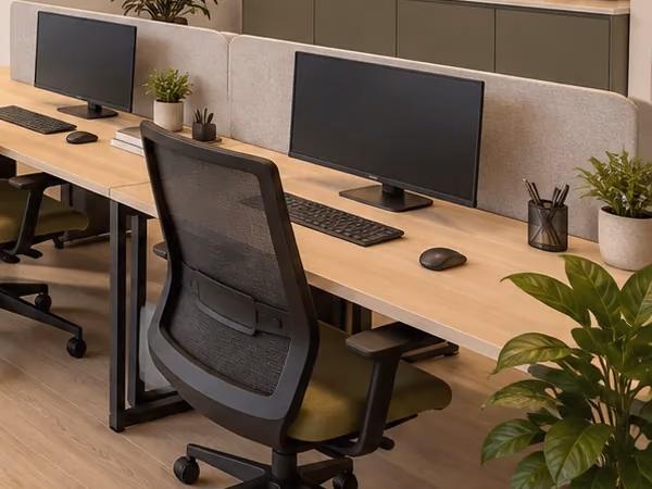 Visualisierung: Arbeitsplatz mit Monitor, Tastatur und Bürostuhl
