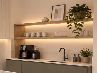 Visualisierung: Küchenzeile mit Kaffeemaschine und Tassen im Regal